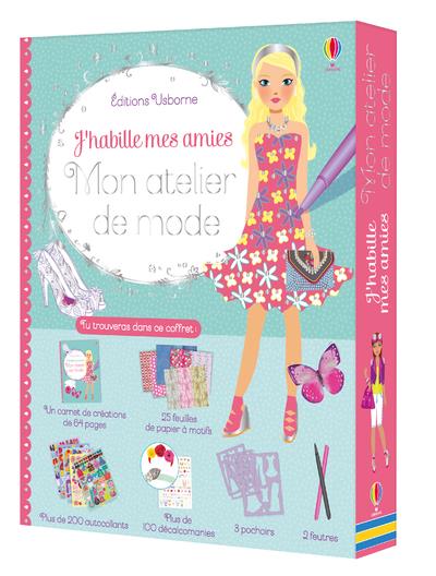 Coffret Mon atelier de mode. Contient : 1 carnet, 25 feuilles de papier à motif, plus de 200 autocol