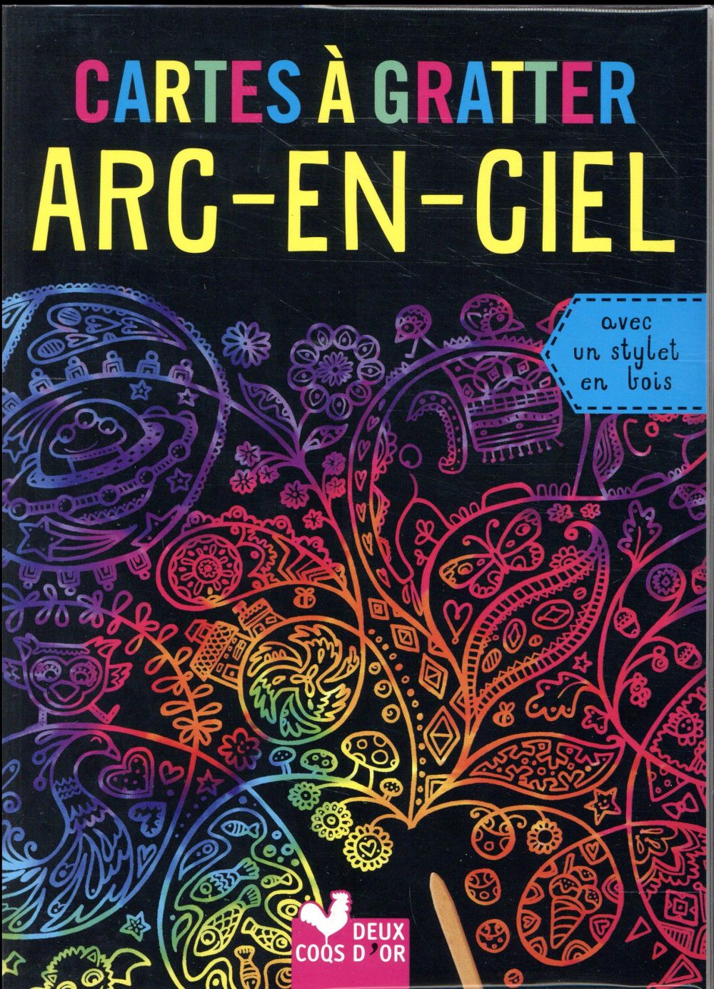 Carte à gratter arc-en-ciel. Avec un stylet en bois