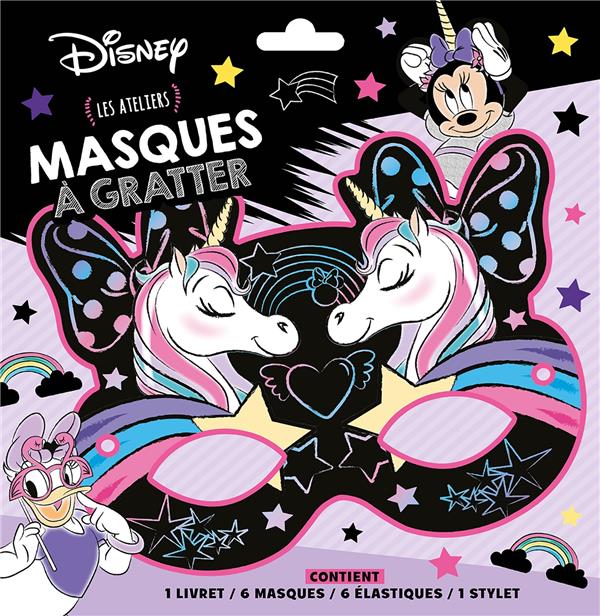 Masque à gratter Minnie et la licorne. Les ateliers. Contient : 1 livret, 6 masques, 6 élastiques, 1