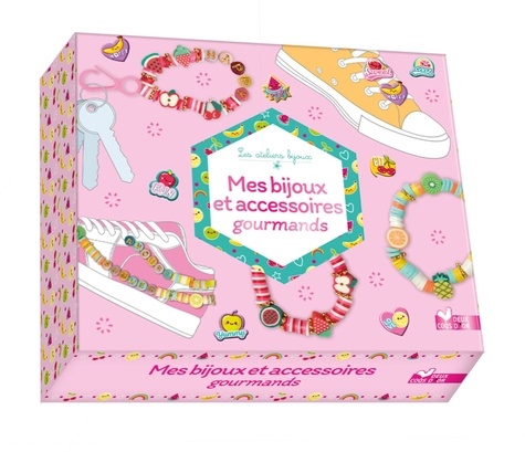 Mes bijoux et accessoires gourmands. Coffret avec un fil transparent, un mousqueton rose, des fermoi