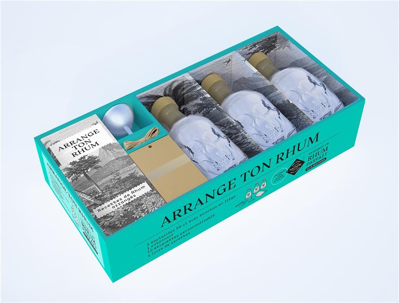 Arrange ton rhum. Coffret avec 3 bouteille en verre avec un bouchon en liège, 1 entonnoir en acier i