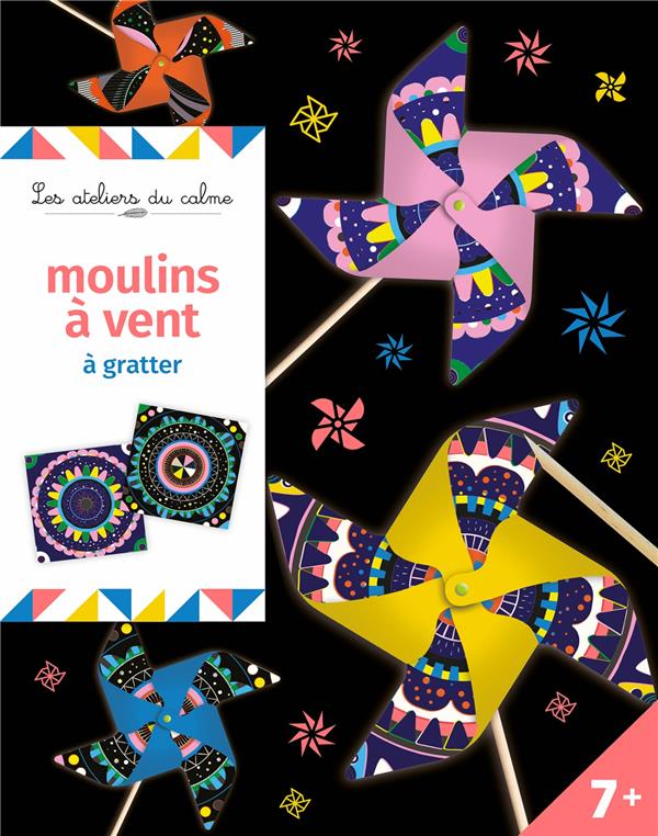 Moulins à vent à gratter. Avec 4 cartes à gratter, 4 tiges en bois, 1 stylet en bois, 4 attaches en