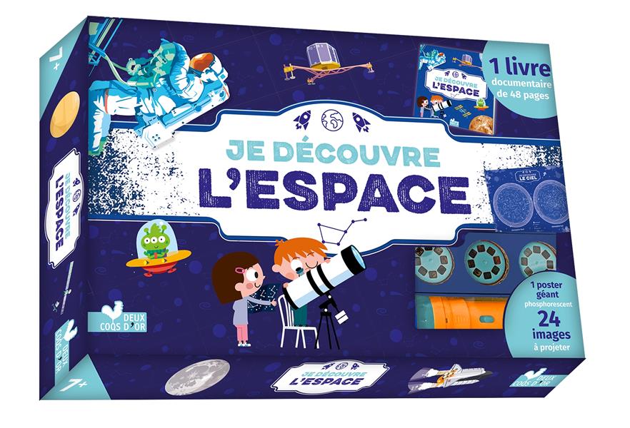 Je découvre l'espace. Coffret avec 1 lampe, 1 poster phosphorescent du ciel, 3 rondelles et 1 livre