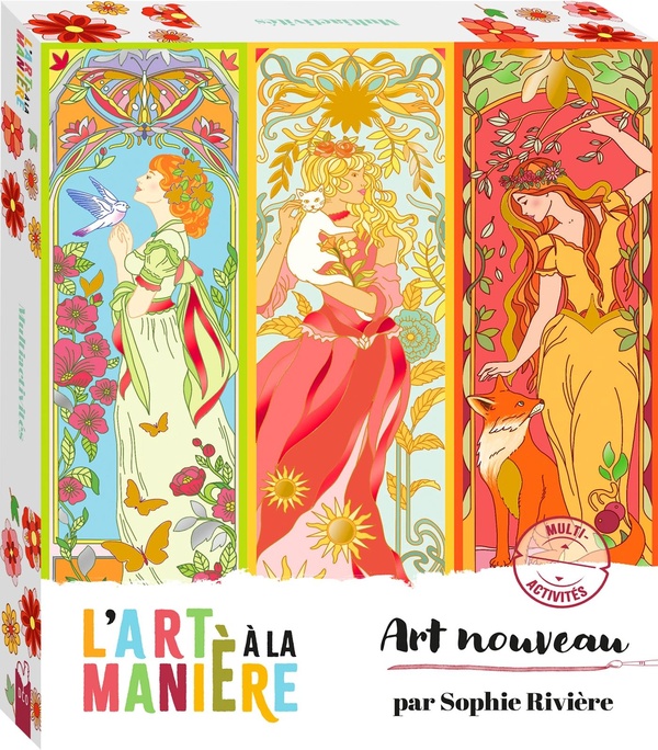 Art Nouveau. Coffret avec 8 tableaux, dont 1 vitrail à gratter, 1 stylet, 8 feuilles à dorer, 1 cadr