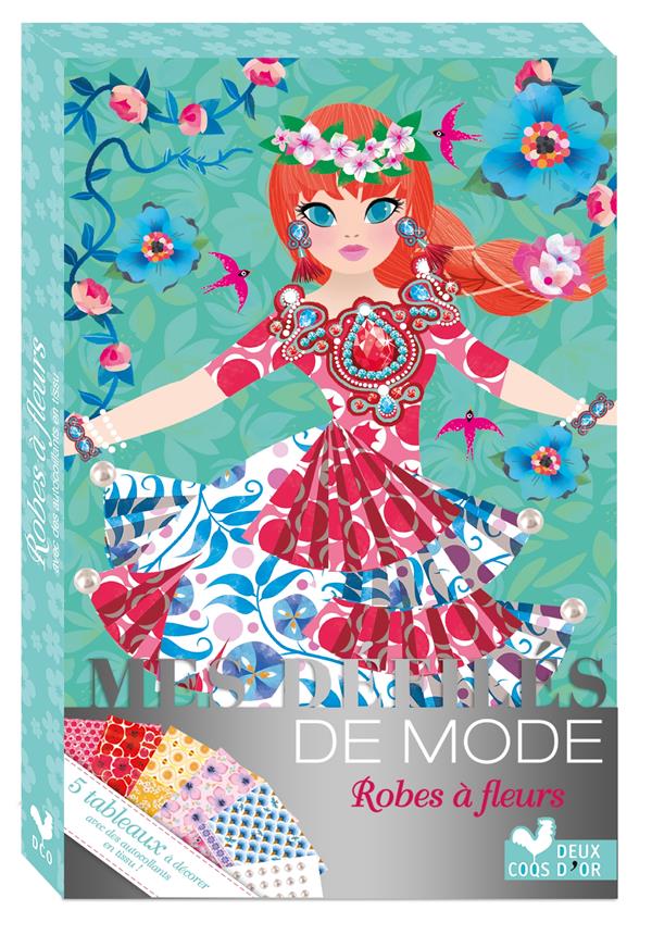 Robes à fleurs. Avec 5 planches d'autocollants en tissus et 1 planche de perles