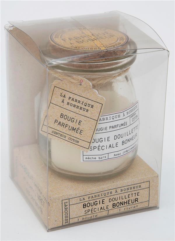 Bougie douillette spéciale bonheur. 1 bougie senteur coton et 1 petit livret 100% bonheur