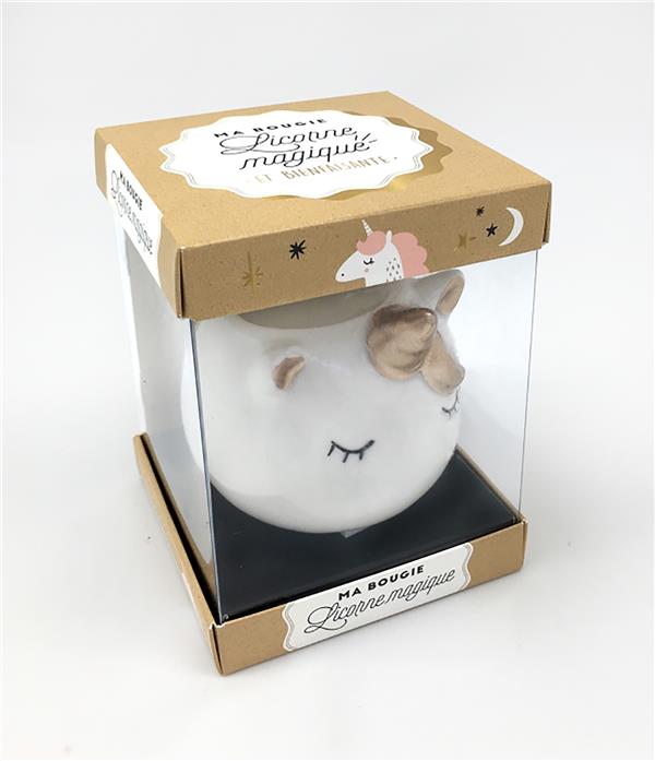 Coffret Ma bougie licorne magique. Avec une bougie et son porte-bougie en céramique et un petit livr