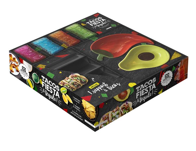 Coffret Tacos fiesta & tequila ! Le livre de recettes avec 1 support à tacos, 4 verres à téquila, 2