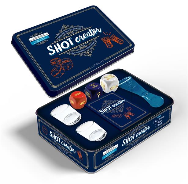 Shot Creator. Lancez vos dés et inventez des shots à l'infini. Avec 3 dés, 2 verres à shots, 1 verre
