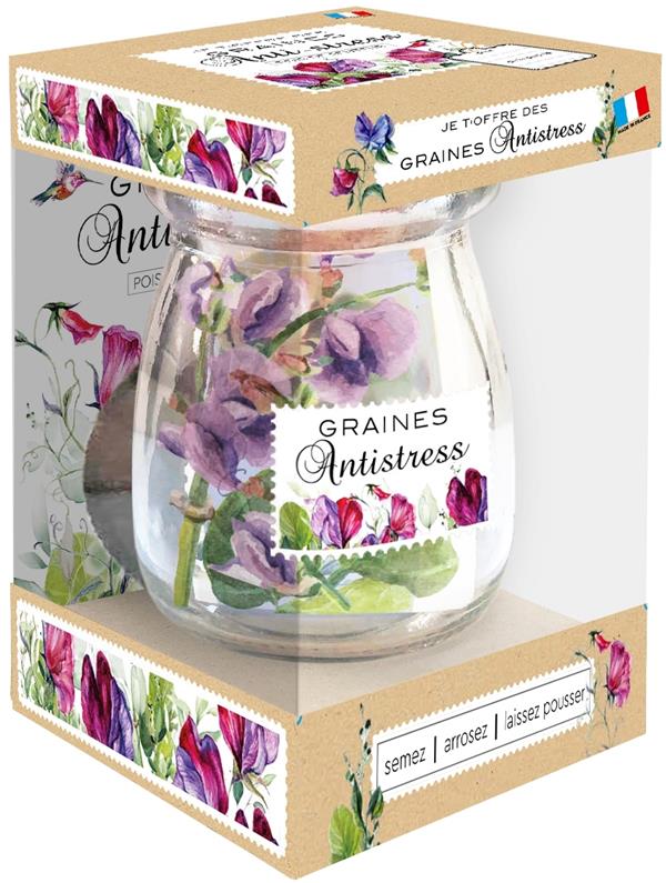 Je t'offre des graines antistress. Avec 1 joli flacon d'apothicaire, 1 sachet de graines de pois de