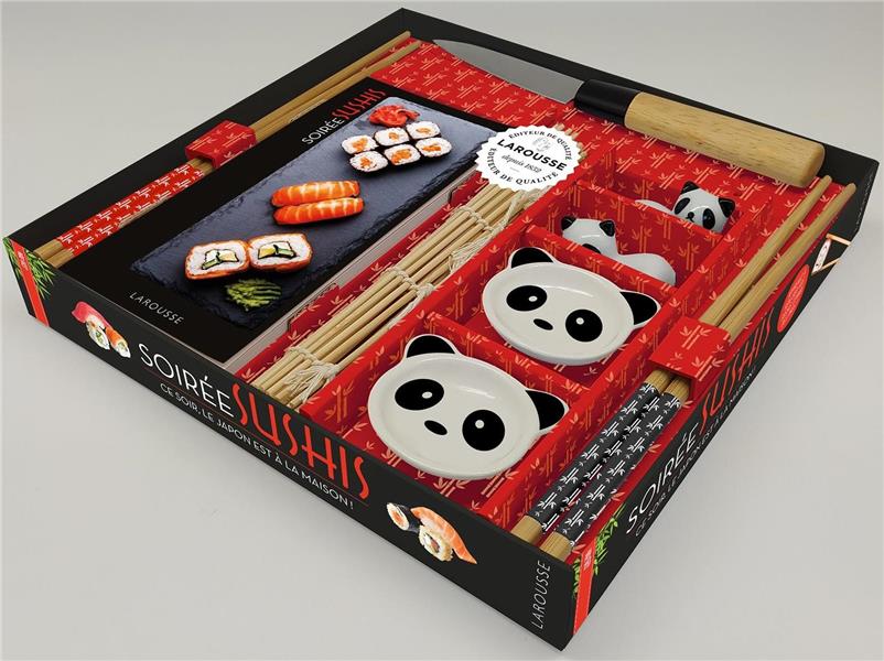Soirée sushis. Ce soir, le Japon est à la maison ! Coffret avec 1 couteau, 1 natte en bambou, 2 repo