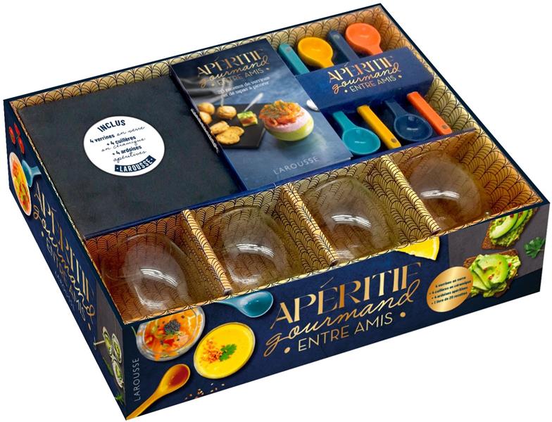 Apéritif gourmand entre amis. Coffret avec 4 verrines, 4 cuillères, 4 ardoises apéritives et 1 livre