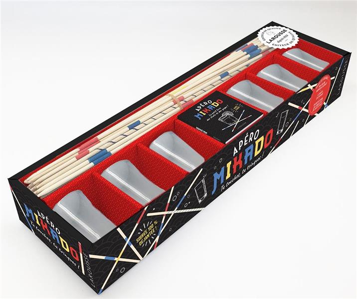 Apéro mikado. Coffret avec 1 jeu de mikado géant, 6 verres à shot, et 1 livret