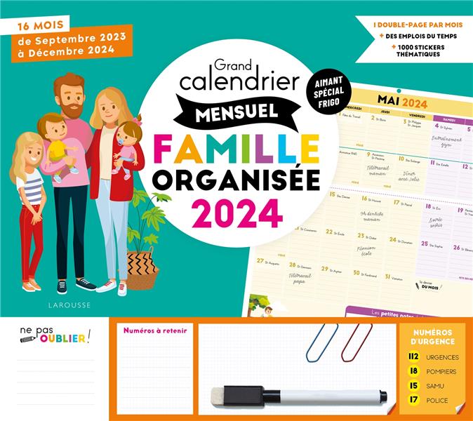 Grand calendrier mensuel famille organisée. 16 mois de septembre 2023 à décembre 2024, Edition 2024