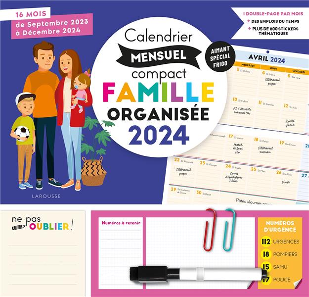 Calendrier mensuel compact Famille organisée. 16 mois, de septembre 2023 à décembre 2024. Avec un st