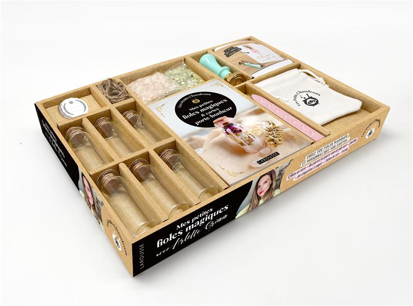 Mes petites fioles magiques avec Arlette Grimm. Coffret avec 6 fioles en verre, 1 sceau, 1 bâton de