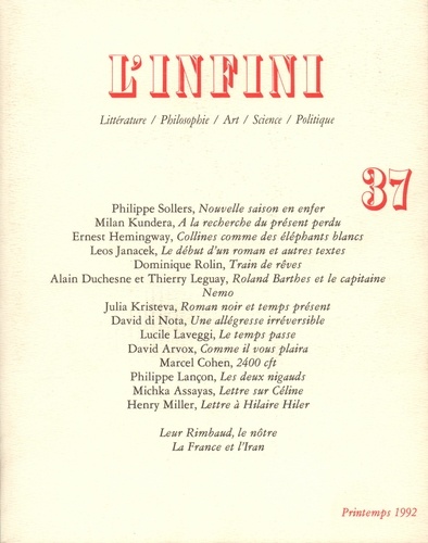 L'infini N° 37, Printemps 1992