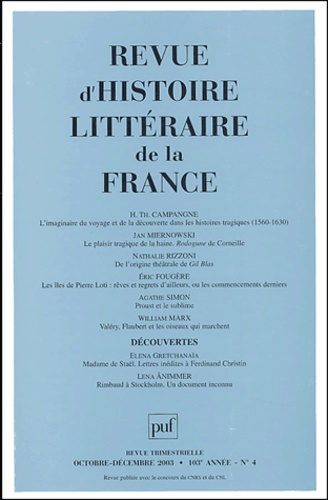 Revue d'histoire littéraire de la France N° 4, Octobre-Décembre 2003