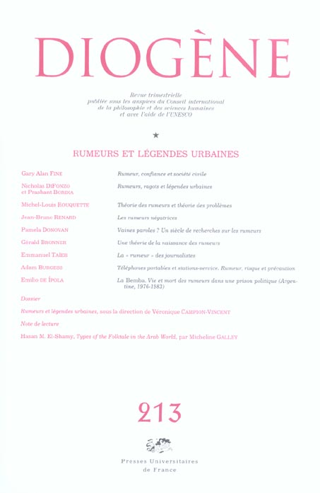 Diogène N° 213, Janvier-Mars 2006 : Rumeurs et légendes urbaines