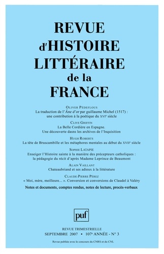 Revue d'histoire littéraire de la France N° 3, septembre 2007