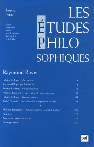 Les études philosophiques N° 1, janvier 2007 : Raymond Ruyer