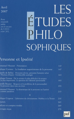 Les études philosophiques N° 2, Avril 2007 : Personne et Ipséité