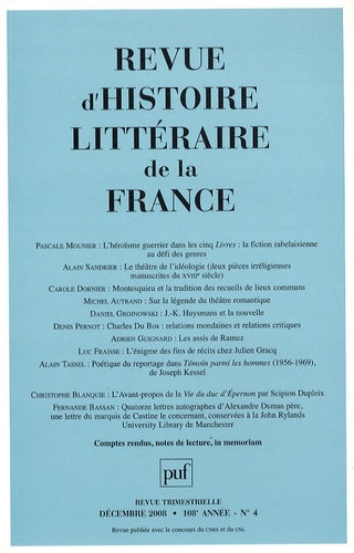 Revue d'histoire littéraire de la France N° 4, Octobre-Décembre 2008