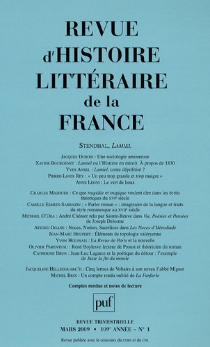 Revue d'histoire littéraire de la France N° 1, Janvier-mars 2009 : Stendhal, Lamiel