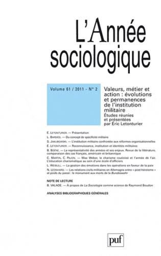 L'Année sociologique N° 61-2 : Valeurs, métier et action. Evolutions et permanences de l'institution