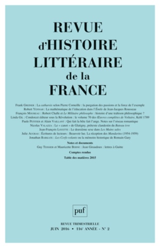 Revue d'histoire littéraire de la France N° 2, juin 2016