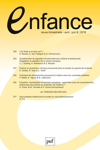 Enfance Volume 70 N° 2, avril-juin 2018