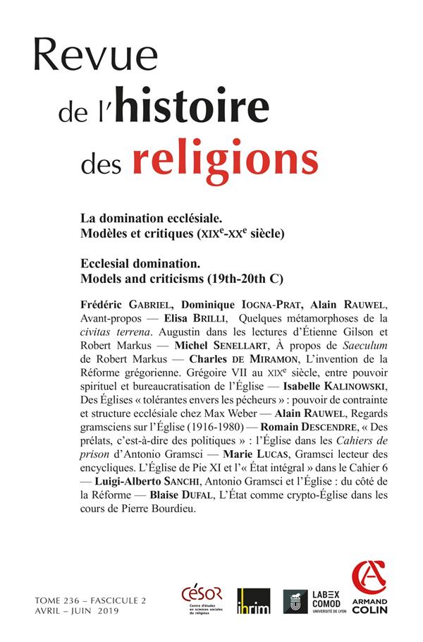 Revue de l'histoire des religions Tome 236 N° 2, avril-juin 2019 : La domination ecclésiale. Modèles