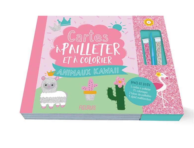 Cartes à pailleter et colorier Animaux kawaii. Avec : 5 cartes à pailleter, 35 coloriages, 2 tubes d