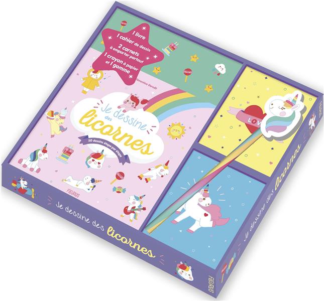Coffret Je dessine les licornes. 50 dessins étape par étape. Avec 1 livre, 1 cahier de dessin, 2 car