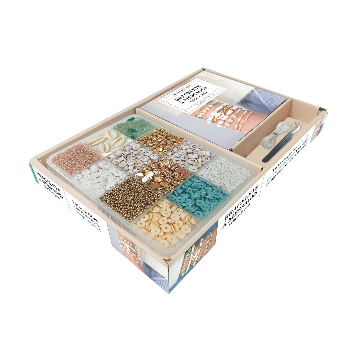 Bracelets à messages White & Gold. Coffret avec une pince brucelle pour attraper vos perles et 3,50