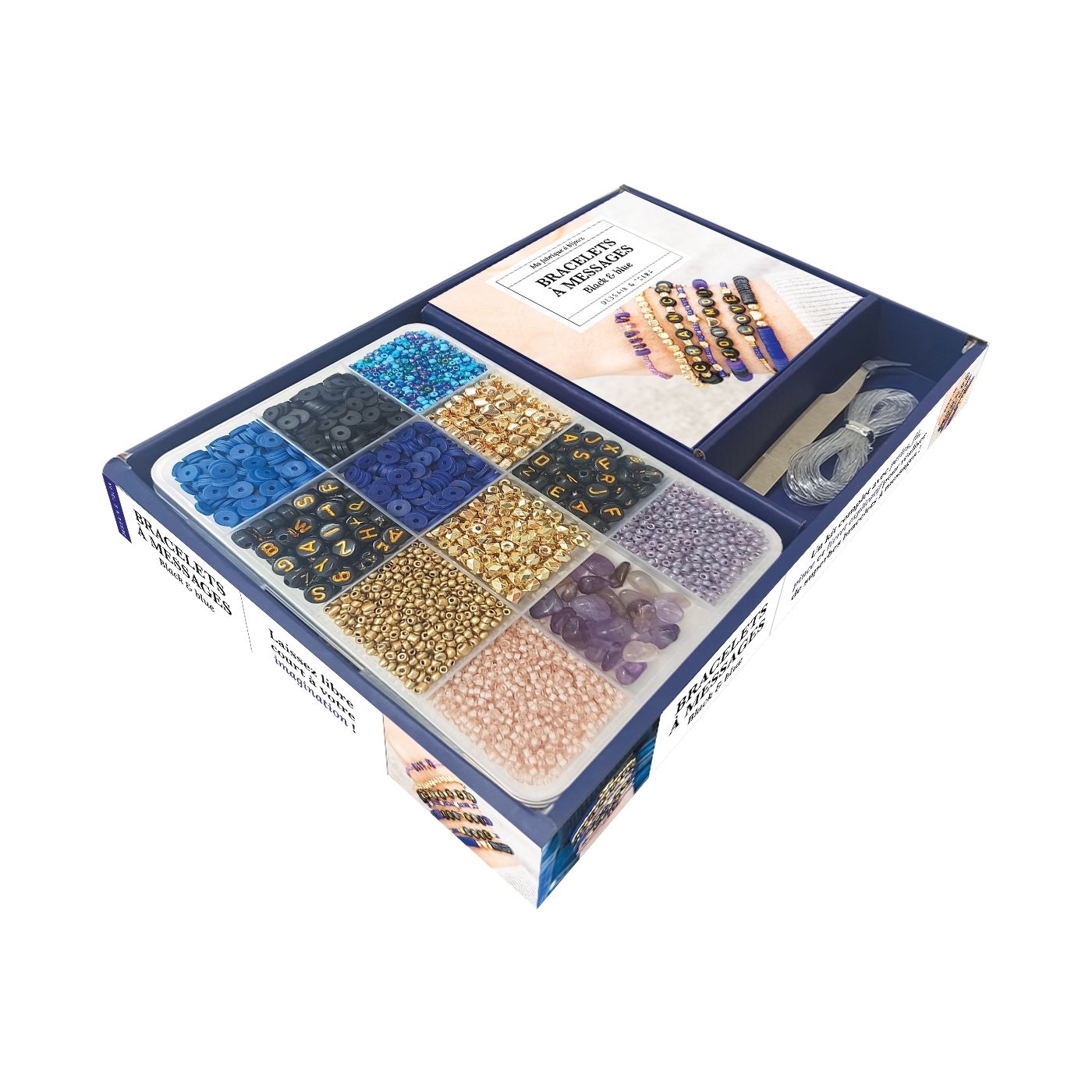 Bracelets à messages Black & Blue. Coffret avec 1 pince brucelle, 3, 5 m de fil nylon, des perles et