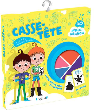 Casse-tête. 1 livret, 20 cartes, 2 casse-tête en métal et 1 tangram