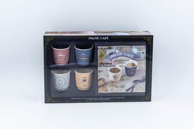 Pause café. Coffret avec 1 livre et 4 tasses sérigraphiées en céramique