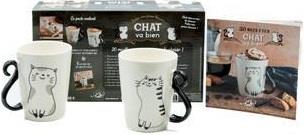 Faites une pause douceur Chat va bien. Coffret avec 2 tasses en céramique et 1 livre