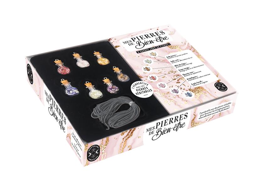 Coffret mes pierres de bien-être. Avec 7 pendentifs en verre contenant des cristaux, des liens pour