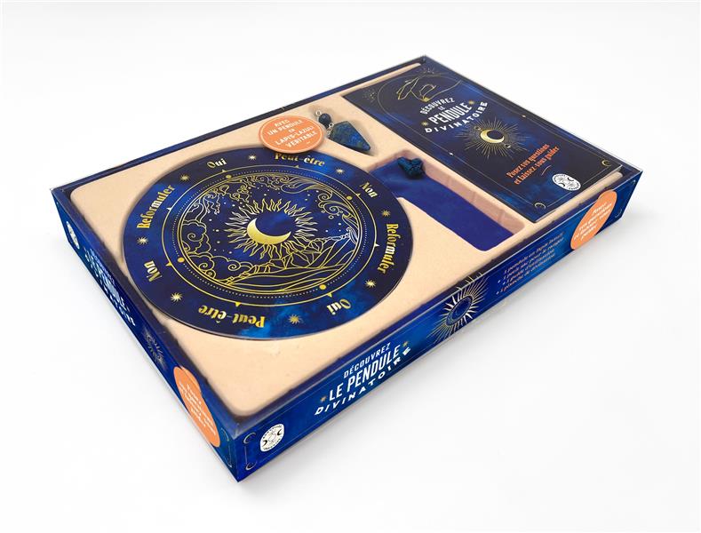Découvrez le pendule divinatoire. Coffret avec un pendule en lapis-lazuli, un guide pratique et 2 pl