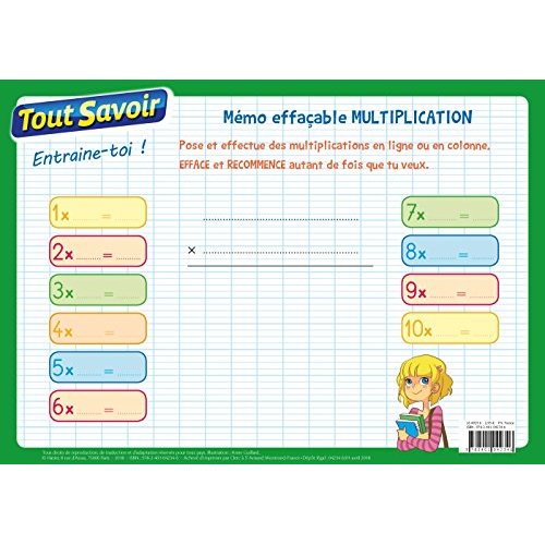 Memo effaçable multiplication CE1-CE2-CM1-CM2