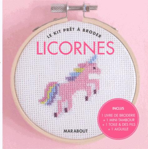 Le kit prêt à broder licornes. Avec 1 mini-tambour, 6 mètres de fils de coton, 1 toile à broder, 1 a