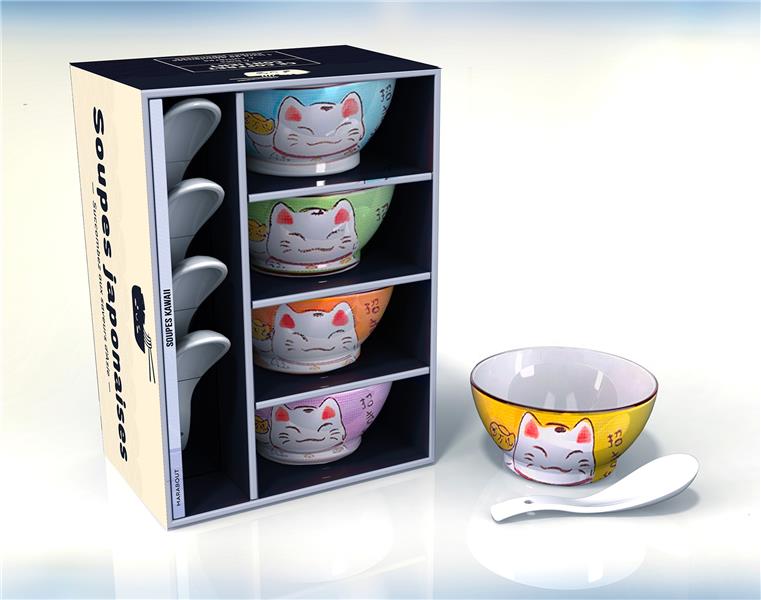Coffret soupes japonaises. Contient : 4 bols, 4 cuillères et 1 livre de recettes