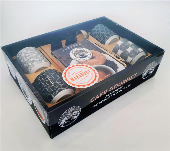 Café gourmet, un moment de dégustation intense. Coffret avec 4 tasses à expresso, 1 cuillère doseuse