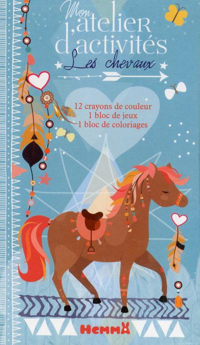 Les chevaux. 12 crayons de couleur, 1 bloc de jeux, 1 bloc de coloriages