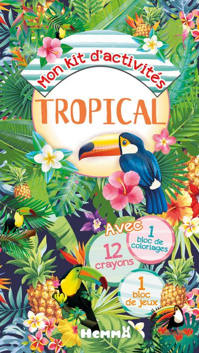 Mon kit d'activités Tropical. 12 crayons de couleur, 1 bloc de jeux, 1 bloc de coloriages