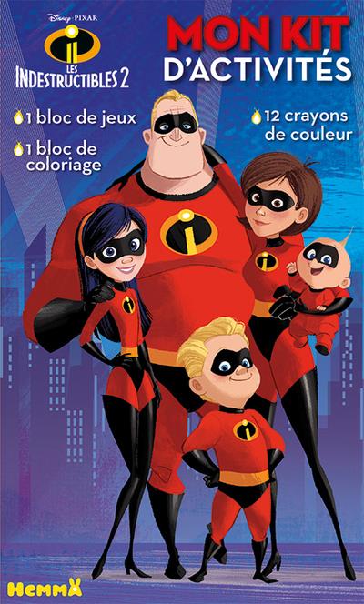 Mon kit d'activité Les indestructibles 2. 12 crayons de couleur, 1 bloc de jeux, 1 bloc de coloriage