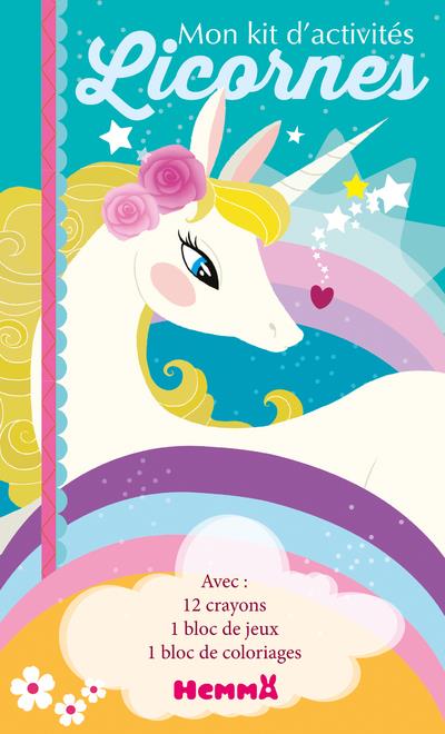 Mon kit d'activités Licornes. 12 crayons de couleur, 1 bloc de jeux, 1 bloc de coloriages