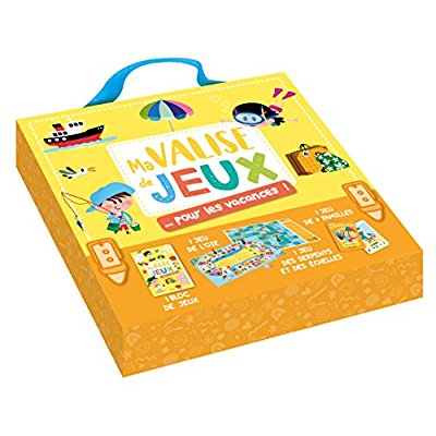 Ma valise de jeux, pour les vacances ! Contient : 1 bloc de jeux, 1 jeu de serpents et des échelles,